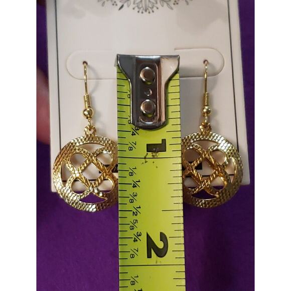 Gold Plated Brass Dangle Earrings Puffy Round Textured Open Work Design New - Picture 6 of 7